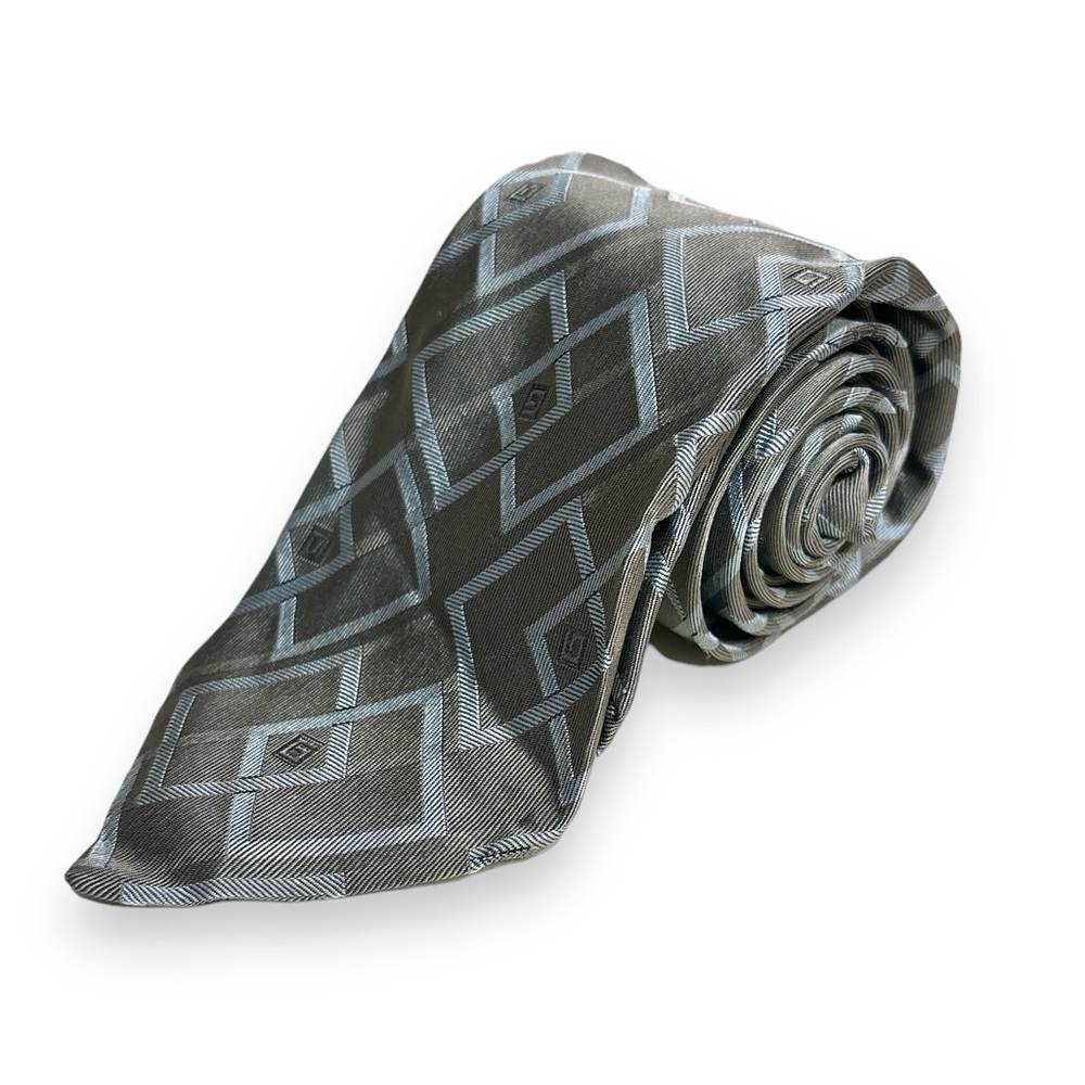 GUCCI Woven Jacquard Silk Tie Grey & Light Blue Interlocking Squares